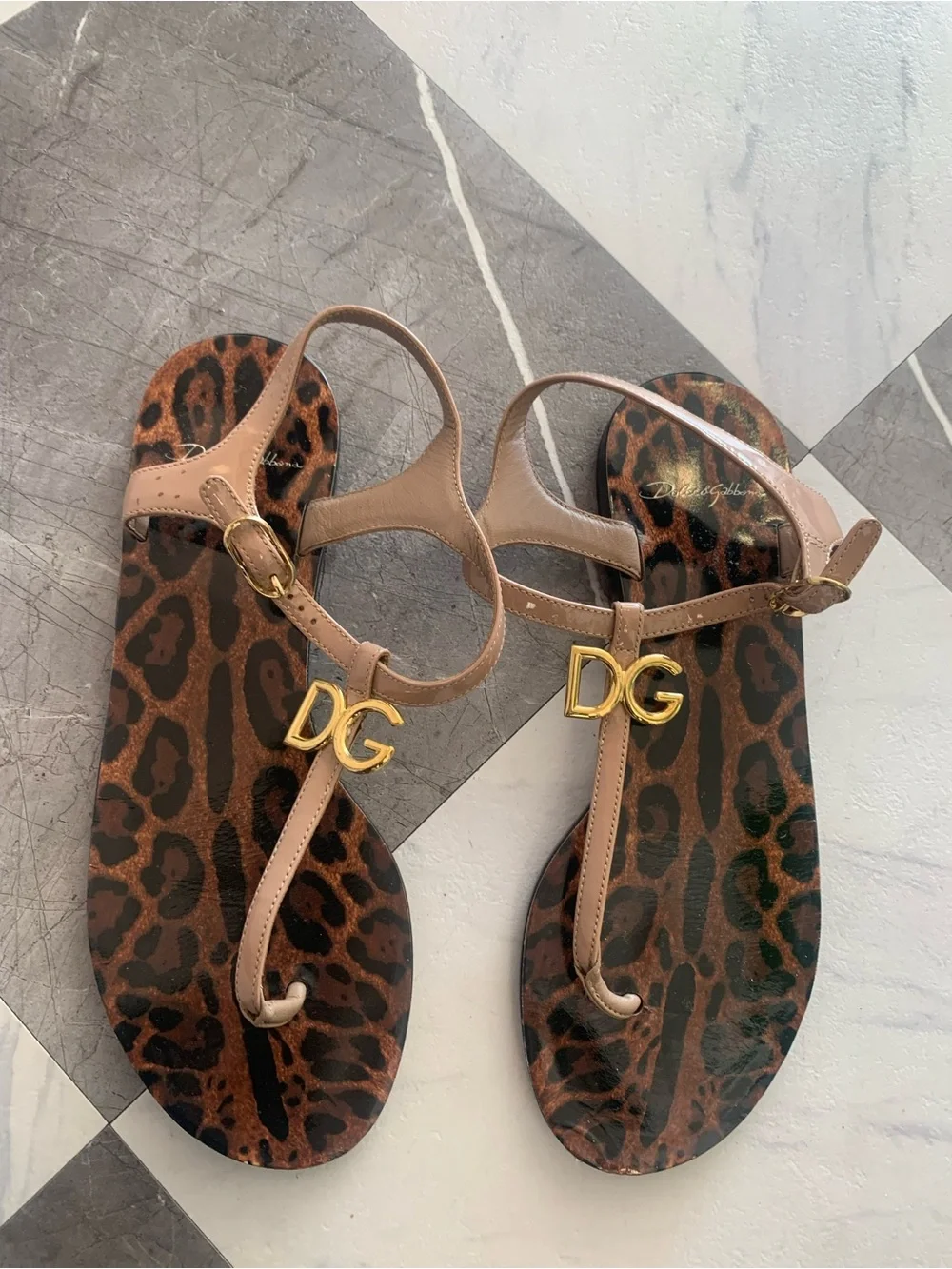 Dolce&Gabbana Leopard Print T-Strap Sandals in Tan